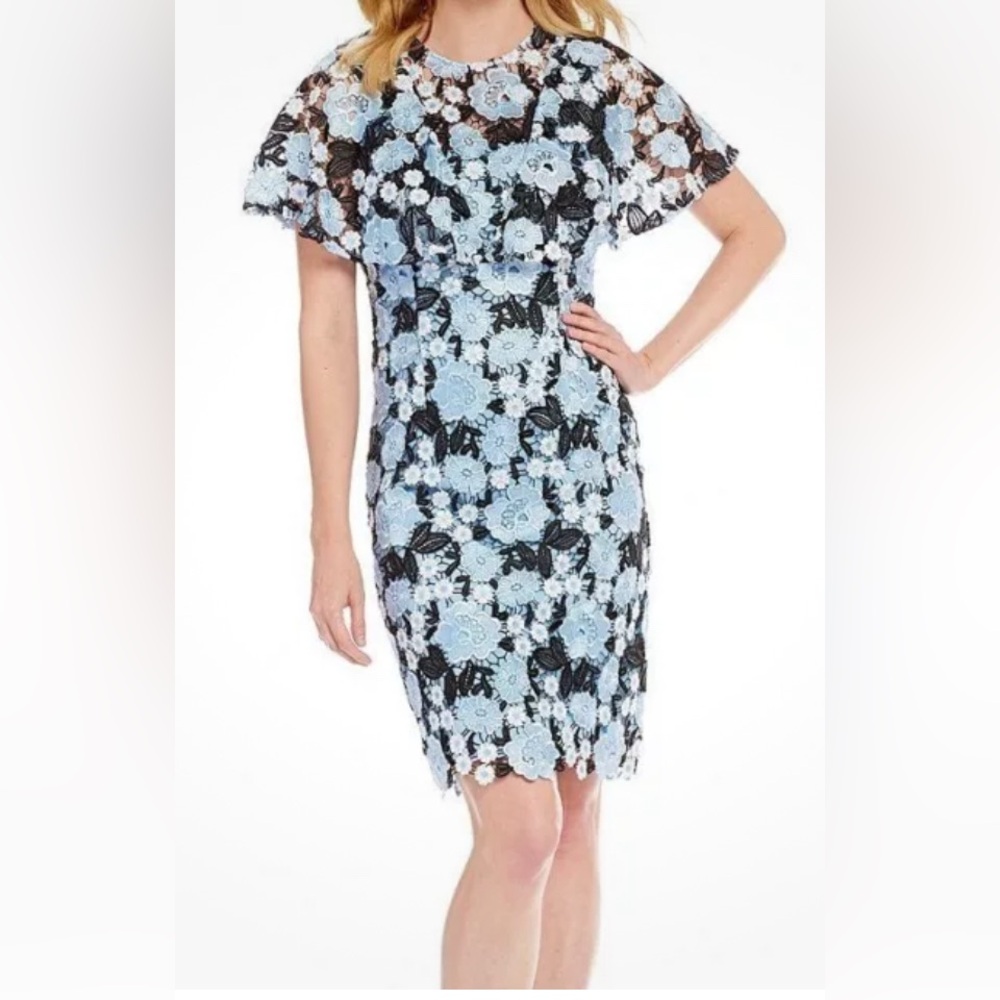 Alex Marie Jardin Lace Dress – Size 10, Sky Blue & Black Floral wedding cocktail